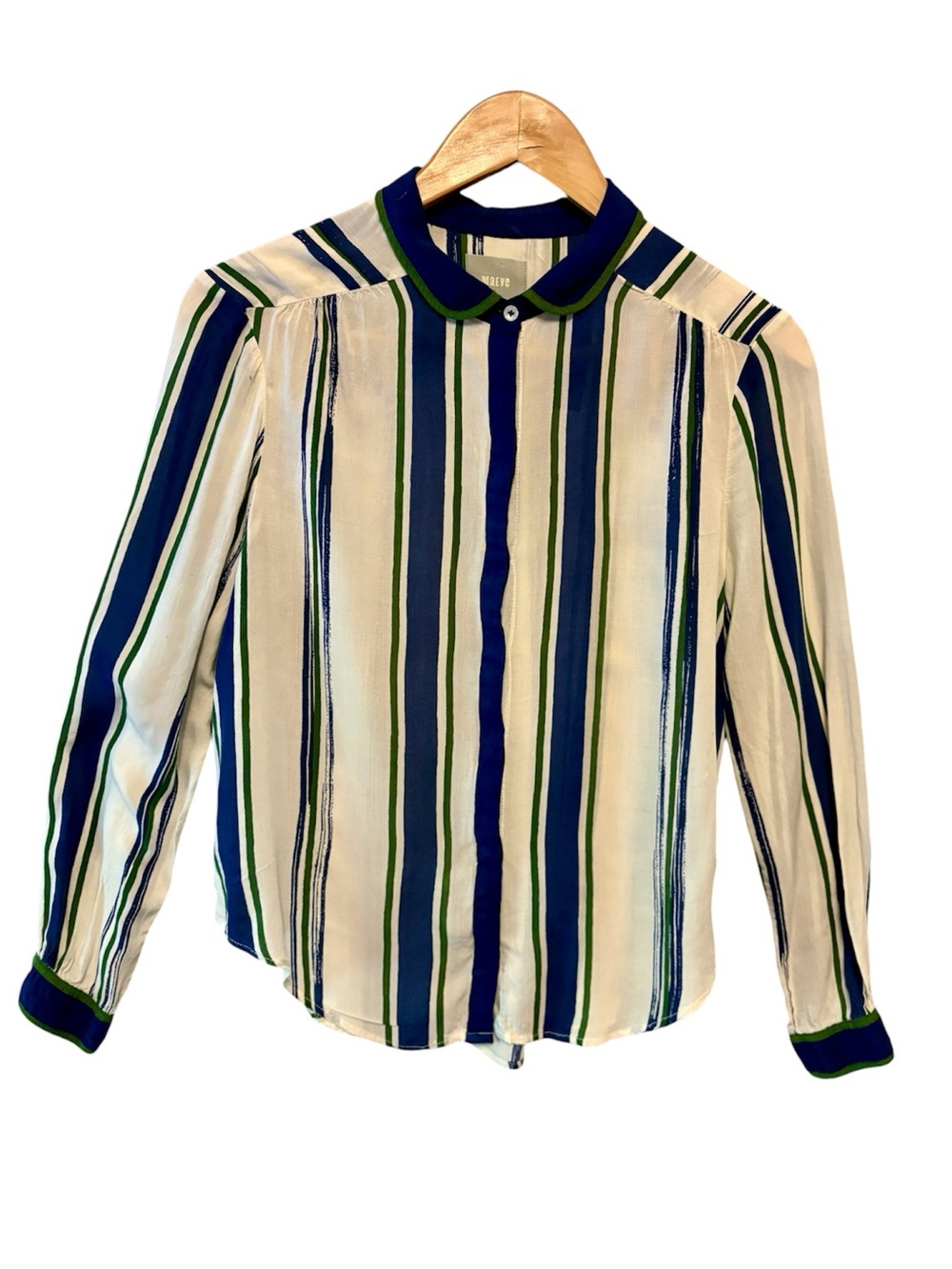 Anthropologist Maeve Striped Button-Front Blouse in White & Blue Stripes, size 6 - Picture 6 of 14
